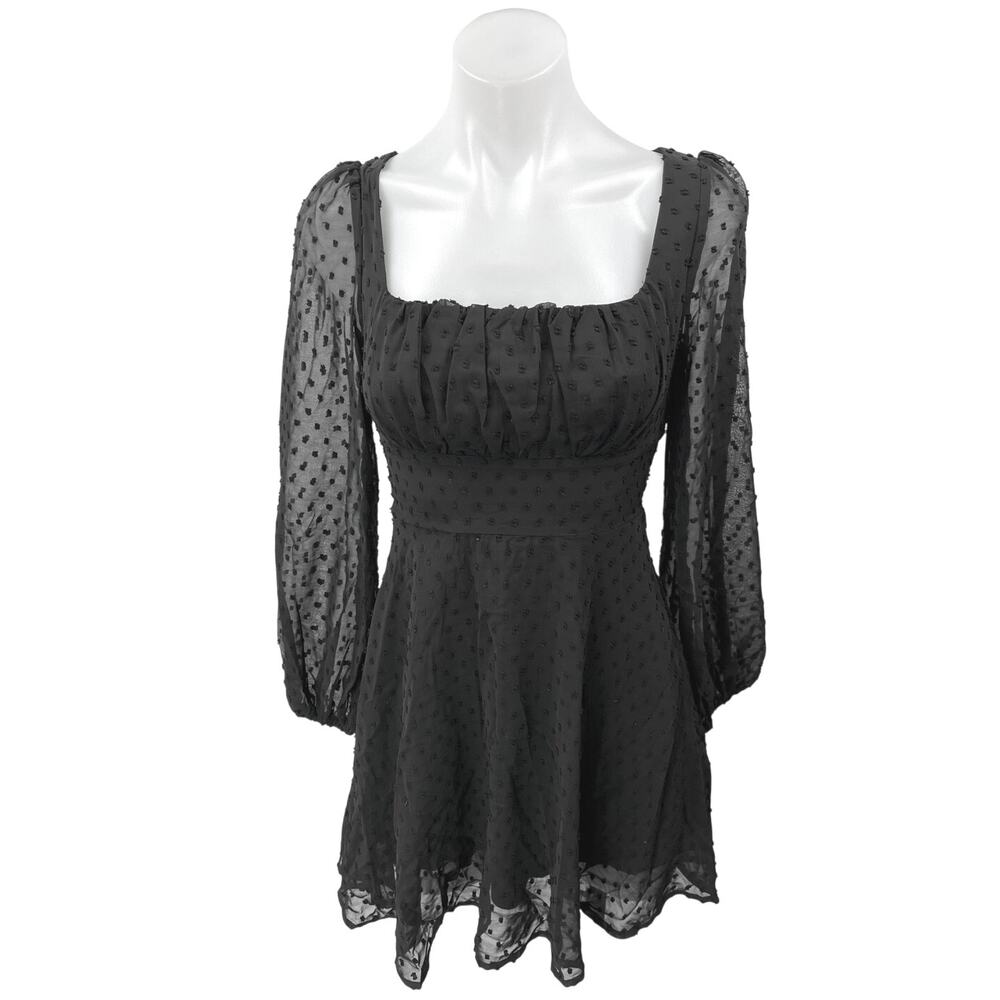 NEW WDIRARA Black Swiss Dot Puff Long Sleeve Mini Fit & Flare A-Line Dress XXS